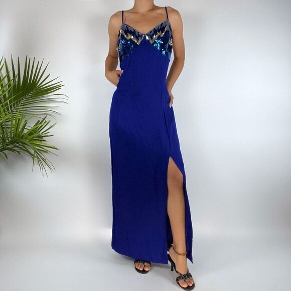 Vintage 90s Blue Sequin Glam Slit Evening Prom Homecoming Dress / Size: 11-12 - Picture 3 of 12